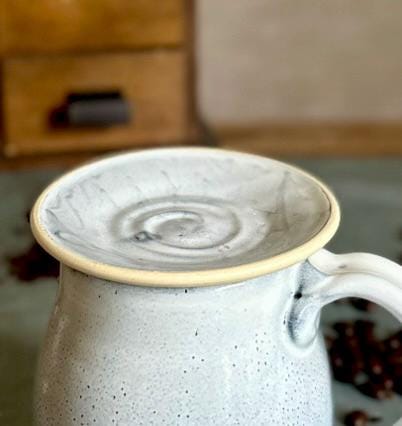 Handmade Stoneware Mug Warming Lid & Tea Strainer Drip Catch Plate | Linen Gray Glaze |