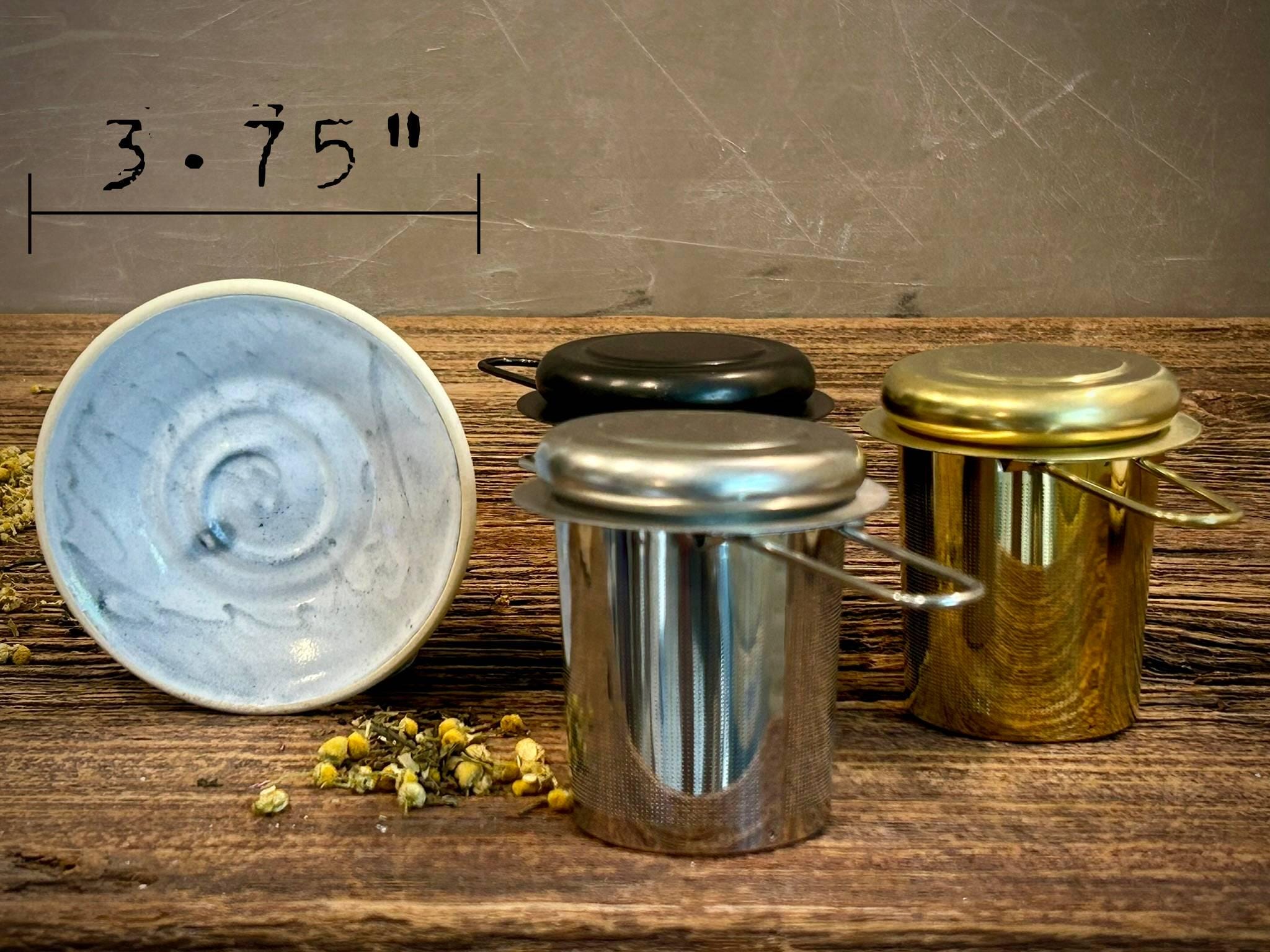 Handmade Stoneware Mug Warming Lid & Tea Strainer Drip Catch Plate | Linen Gray Glaze |