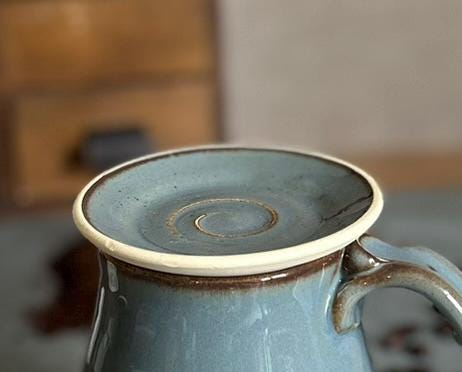 Handmade Stoneware Mug Warming Lid & Tea Strainer Drip Catch Plate | Linen Gray Glaze |