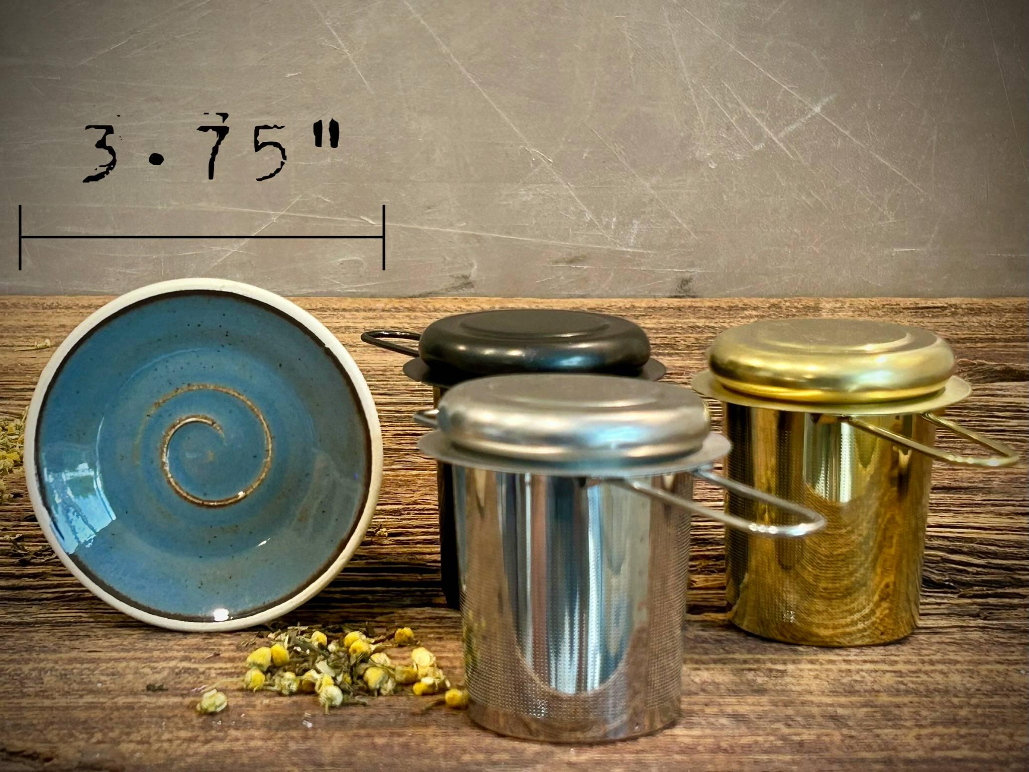 Handmade Stoneware Mug Warming Lid & Tea Strainer Drip Catch Plate | Linen Gray Glaze |