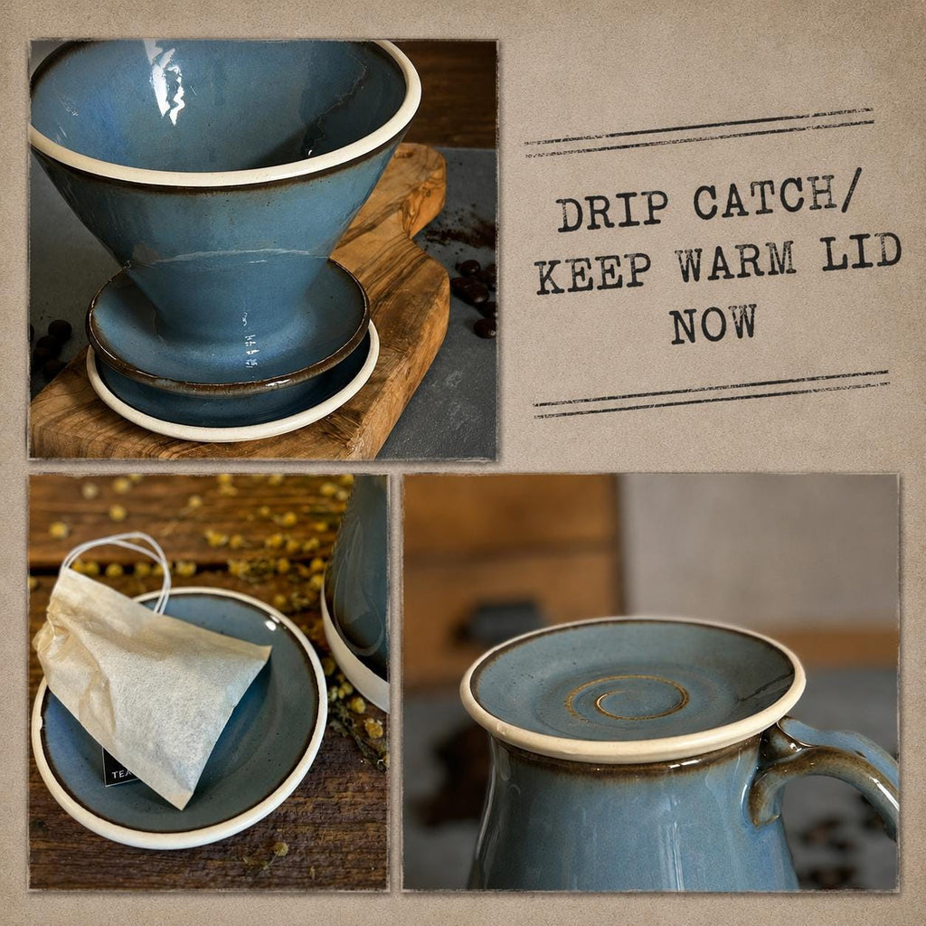 Handmade Stoneware Mug Warming Lid & Tea Strainer Drip Catch Plate | Linen Gray Glaze |