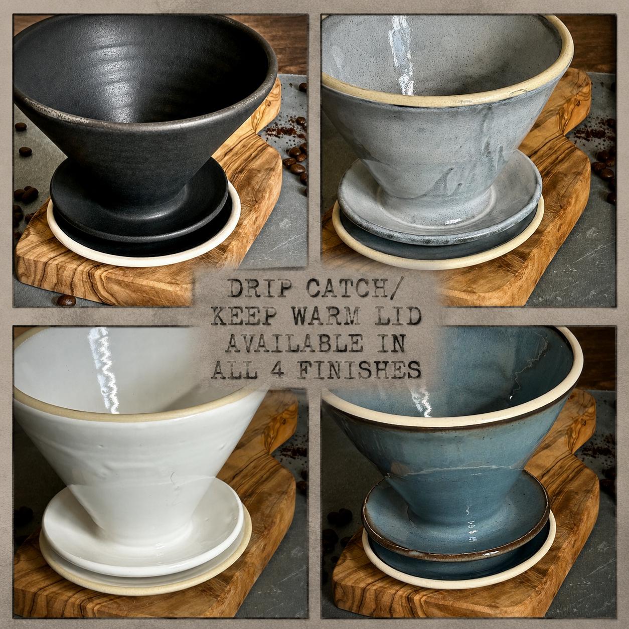 Handmade Stoneware Mug Warming Lid & Tea Strainer Drip Catch Plate | Linen Gray Glaze |