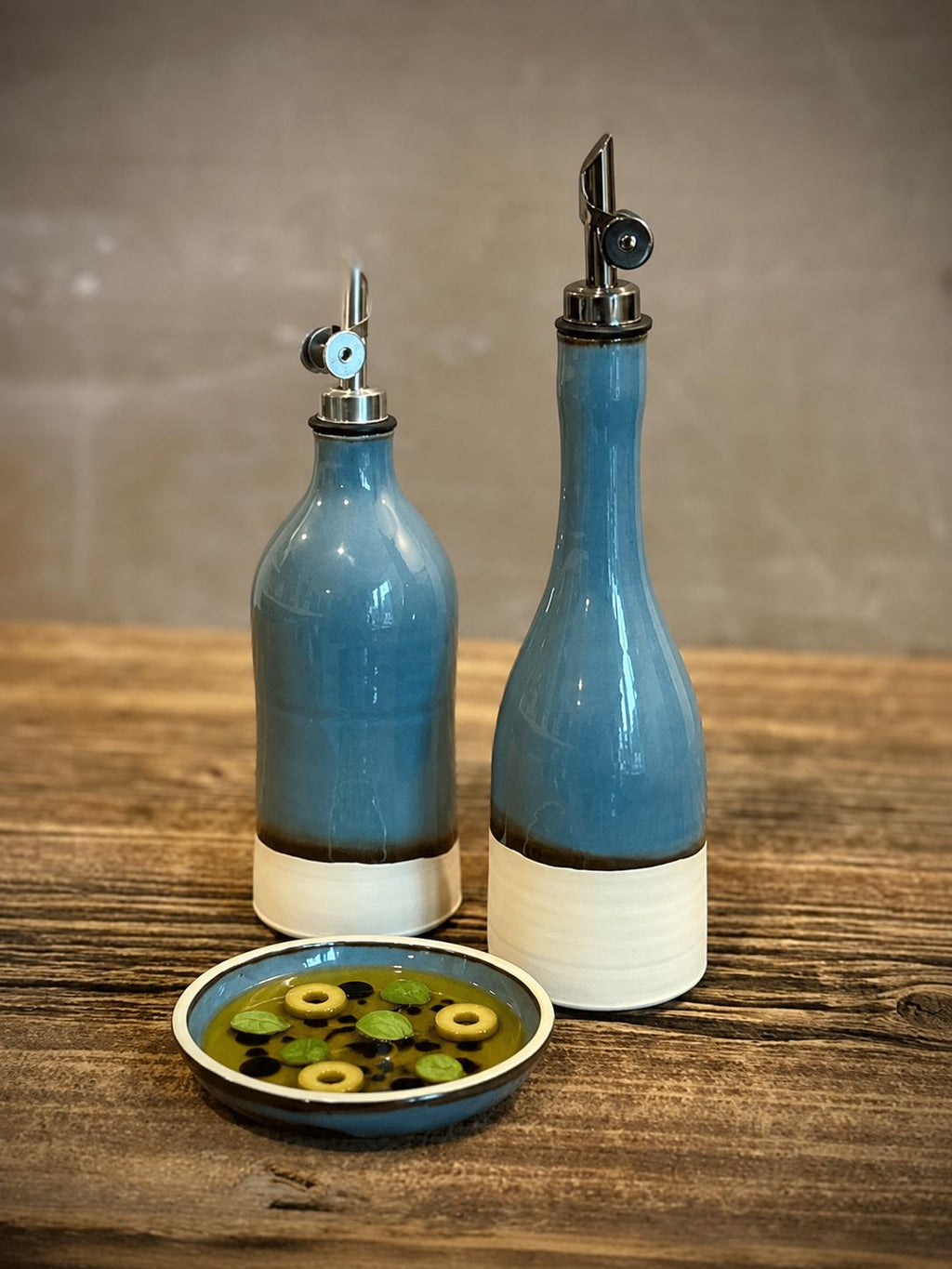 Handmade Ceramic Willow Olive Oil Dispenser | Riverdrift Stoneware Oil Pourer Bottle | Kitchen Counter Decor | Vinegar Cruet