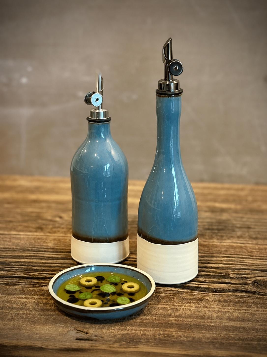 Handmade Ceramic Classic Olive Oil Dispenser | Riverdrift Stoneware Oil Pourer Bottle | Kitchen Counter Decor | Vinegar Cruet