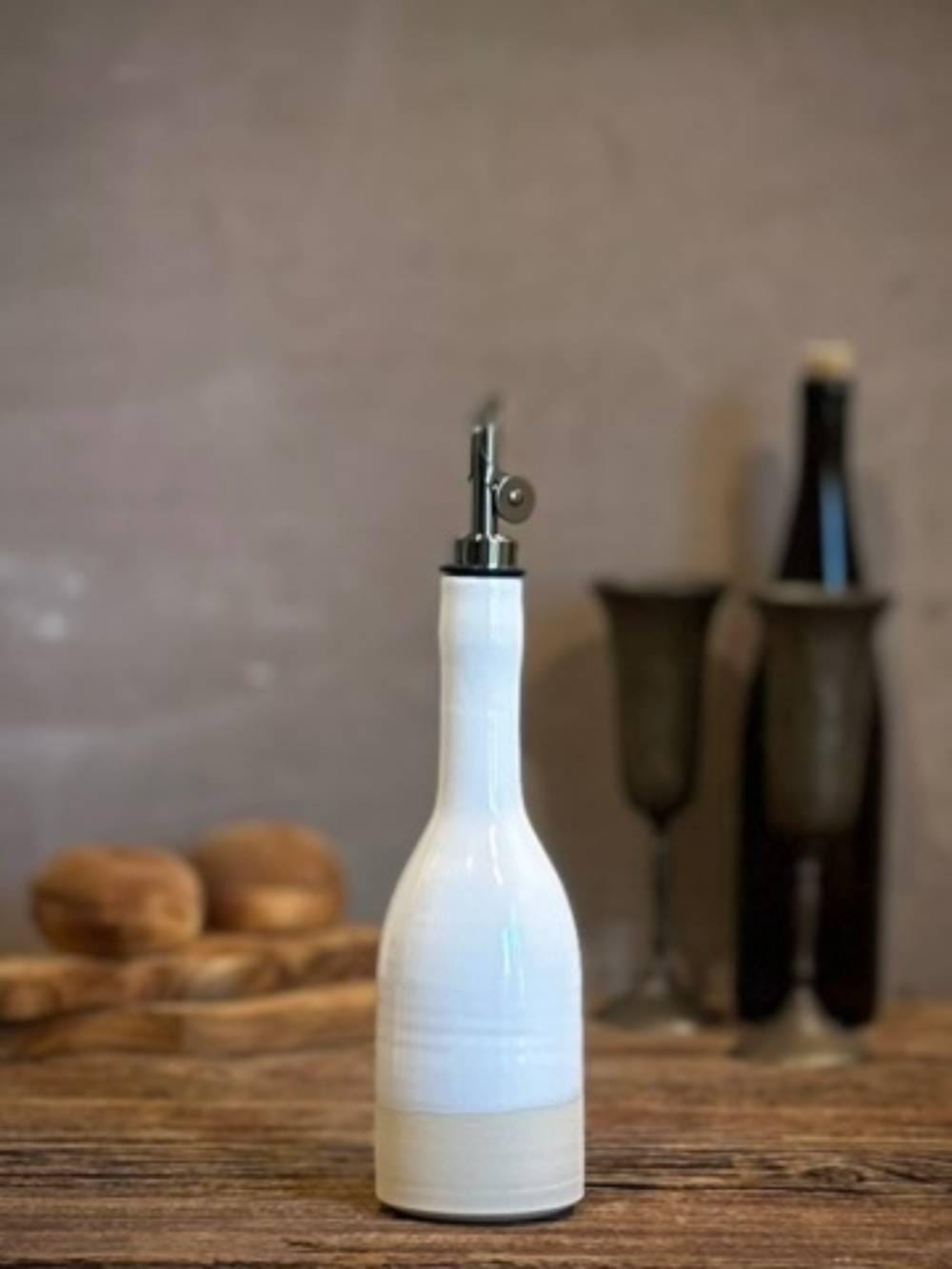 Handmade Ceramic Willow Olive Oil Dispenser | White Dove Stoneware Oil Pourer Bottle | Kitchen Counter Decor | Vinegar Cruet