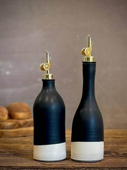 Handcrafted Ceramic Blackstone Olive Oil & Vinegar Bottle Set | Stoneware Cruet Set | Farmhouse Kitchen Decor | Modern Oil Dispenser