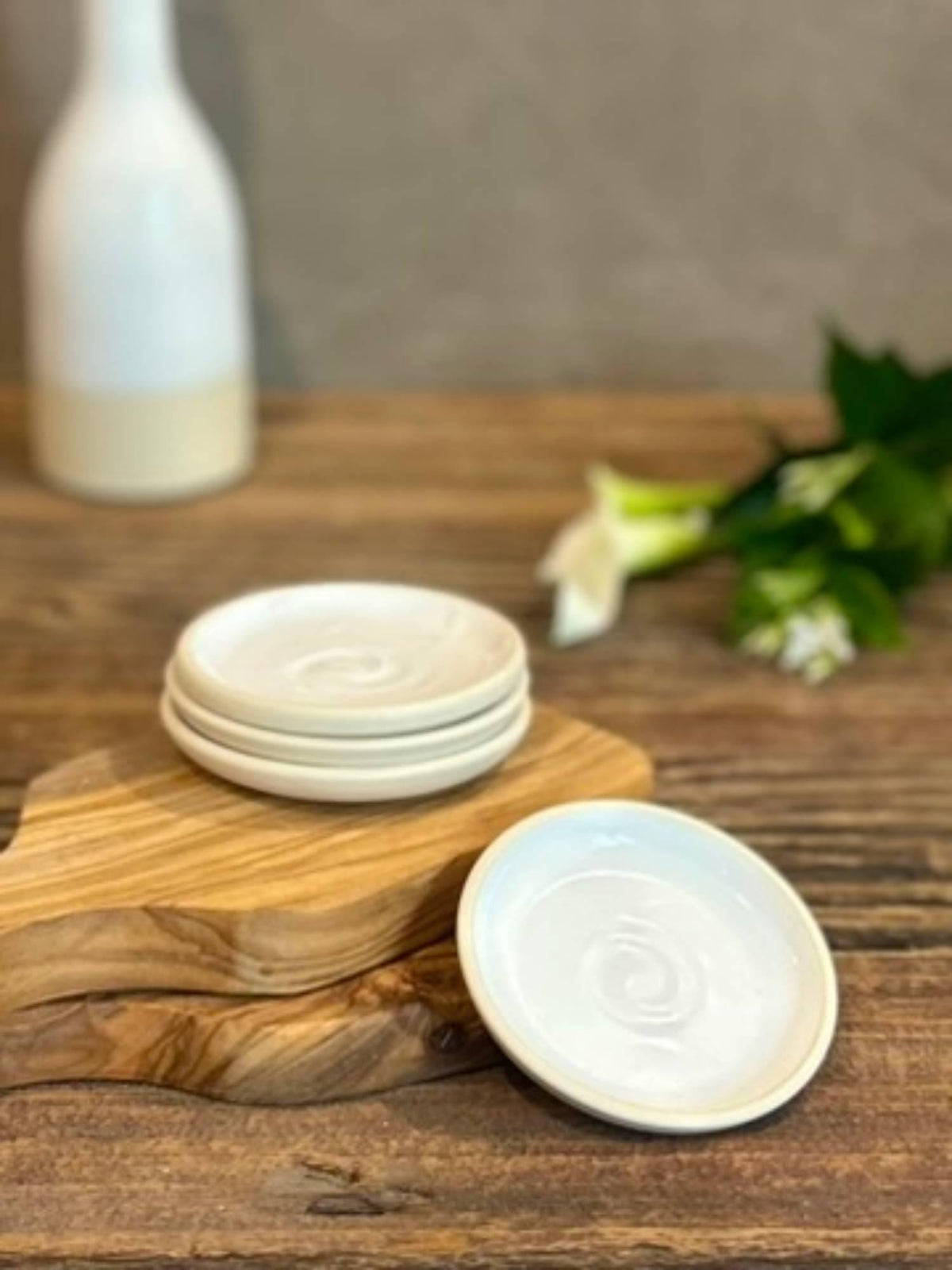 Handmade Ceramic Prep Plate Set | White Dove Stoneware Artisan Condiment Plates | Olive Oil Dipping Plates | Available in Sets of 4, 6 or 8