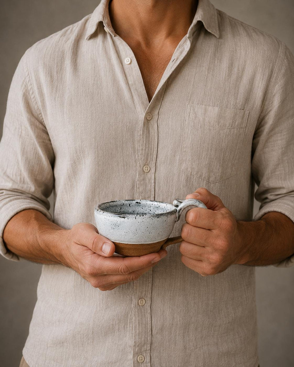 Handmade Stoneware Cappuccino Cup | Wheel-Thrown Linen Gray Ceramic Mug Dune Body