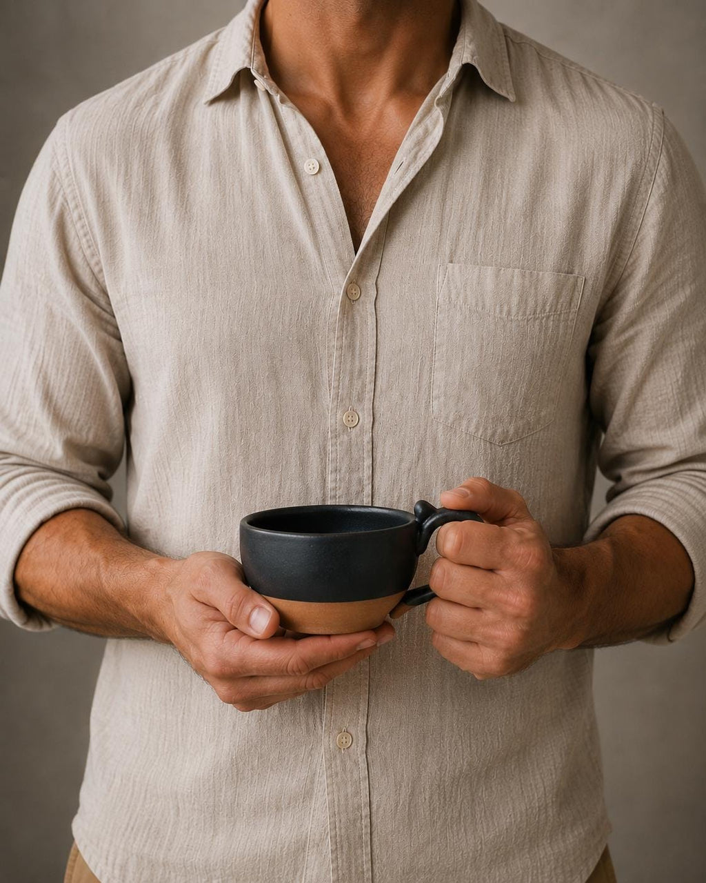 Handmade Stoneware Cappuccino Mug | Wheel-Thrown Matte Blackstone Ceramic Coffee Cup | 10–12 oz Dune Body