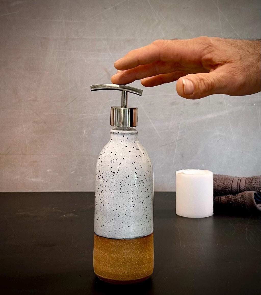 Handmade Ceramic Soap Dispenser | Linen Gray Stoneware, Modern Farmhouse Decor