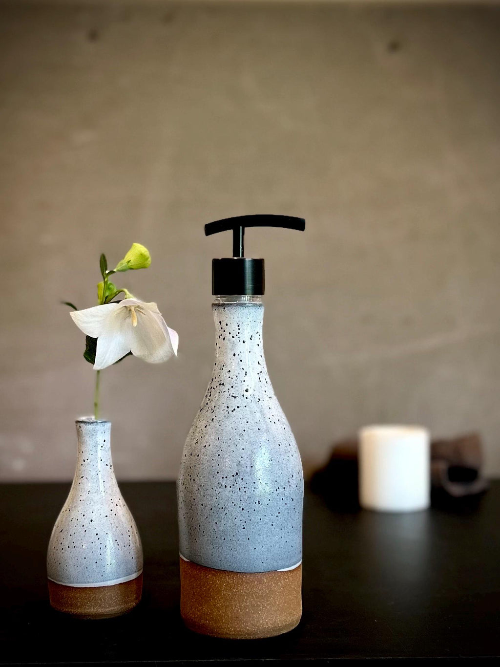 Handmade Ceramic Willow Soap Dispenser | Linen Gray Stoneware Pump | Modern Farmhouse Kitchen Bathroom
