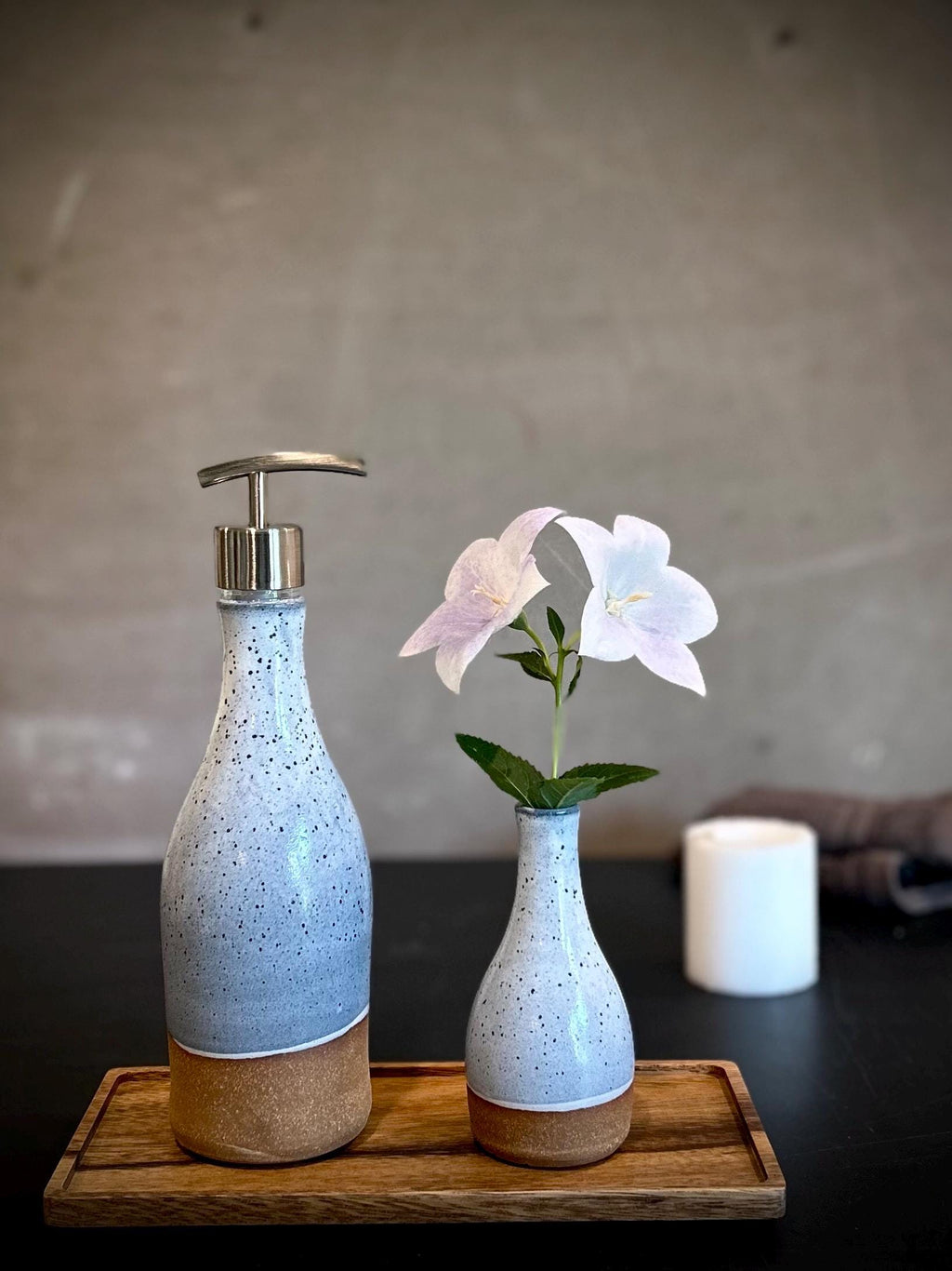 Handmade Ceramic Willow Soap Dispenser | Linen Gray Stoneware Pump | Modern Farmhouse Kitchen Bathroom
