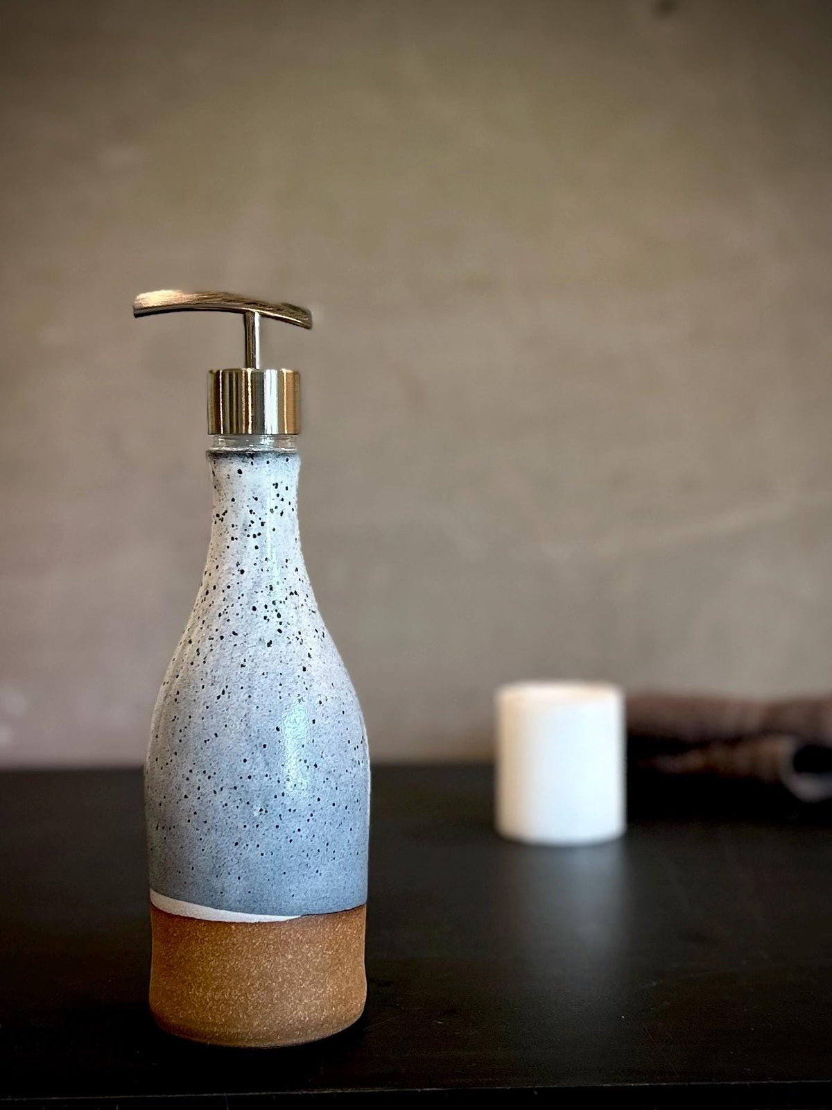 Handmade Ceramic Willow Soap Dispenser | Linen Gray Stoneware Pump | Modern Farmhouse Kitchen Bathroom
