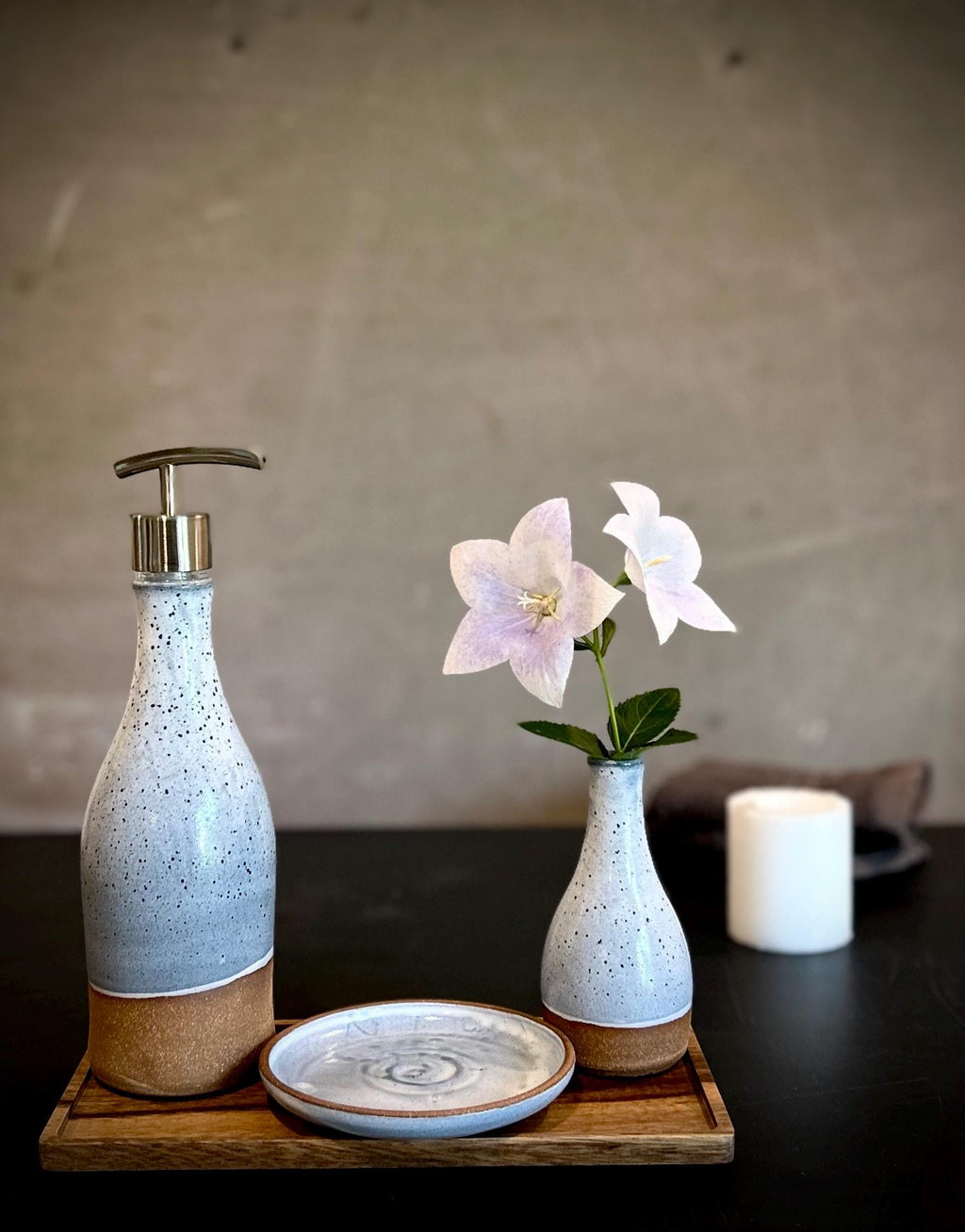 Handmade Ceramic Willow Soap Dispenser | Linen Gray Stoneware Pump | Modern Farmhouse Kitchen Bathroom