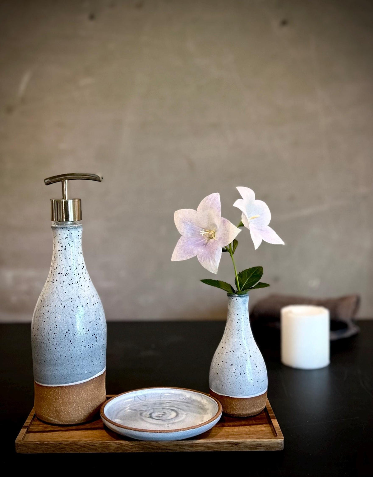 Handmade Ceramic Willow Soap Dispenser | Linen Gray Stoneware Pump | Modern Farmhouse Kitchen Bathroom