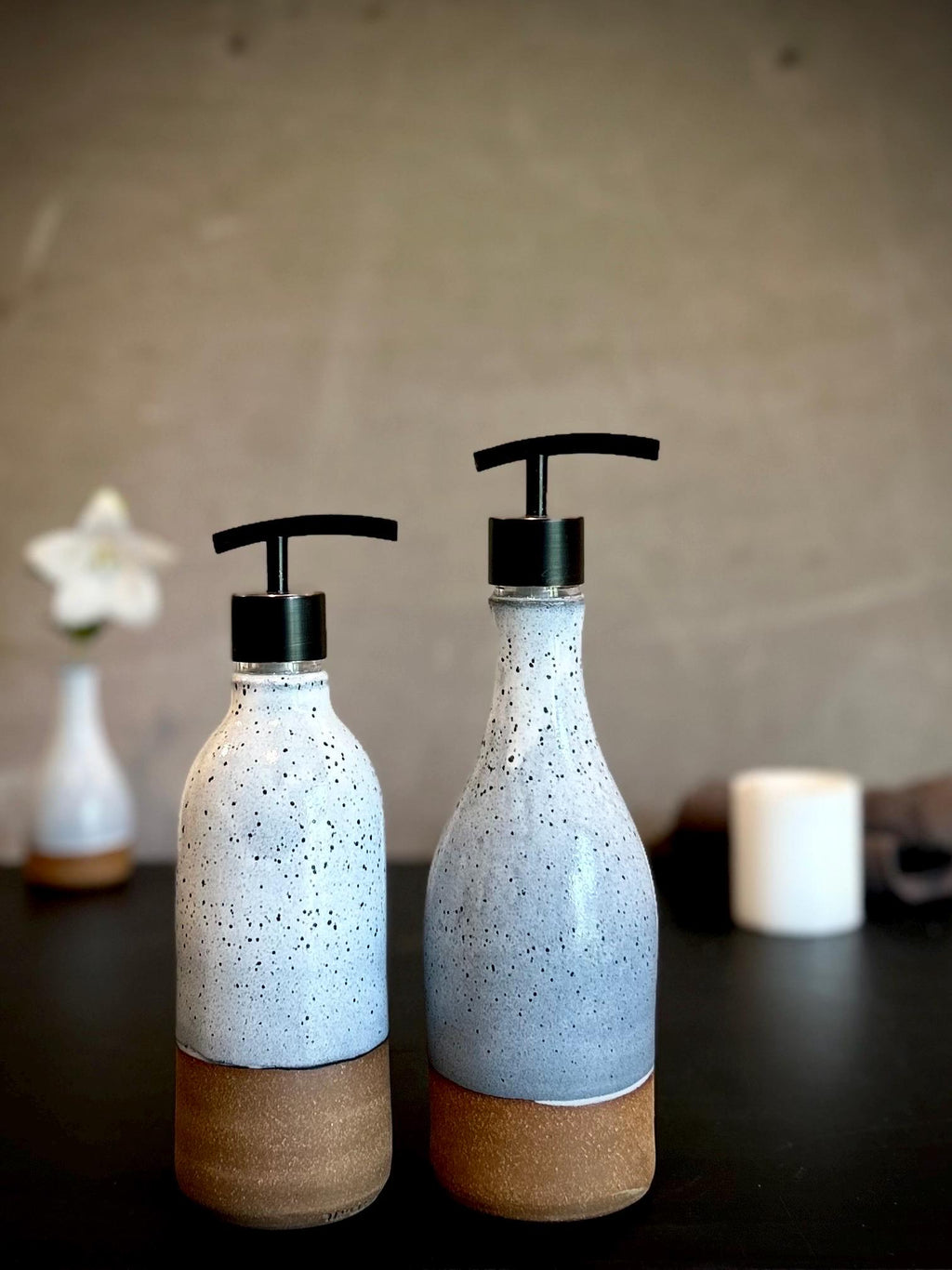 Set of 2 Handmade Ceramic Soap Dispensers | Linen Gray Stoneware Pottery Pumps