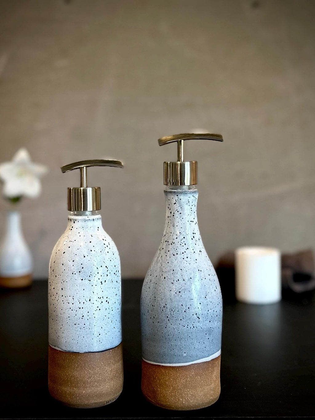 Set of 2 Handmade Ceramic Soap Dispensers | Linen Gray Stoneware Pottery Pumps