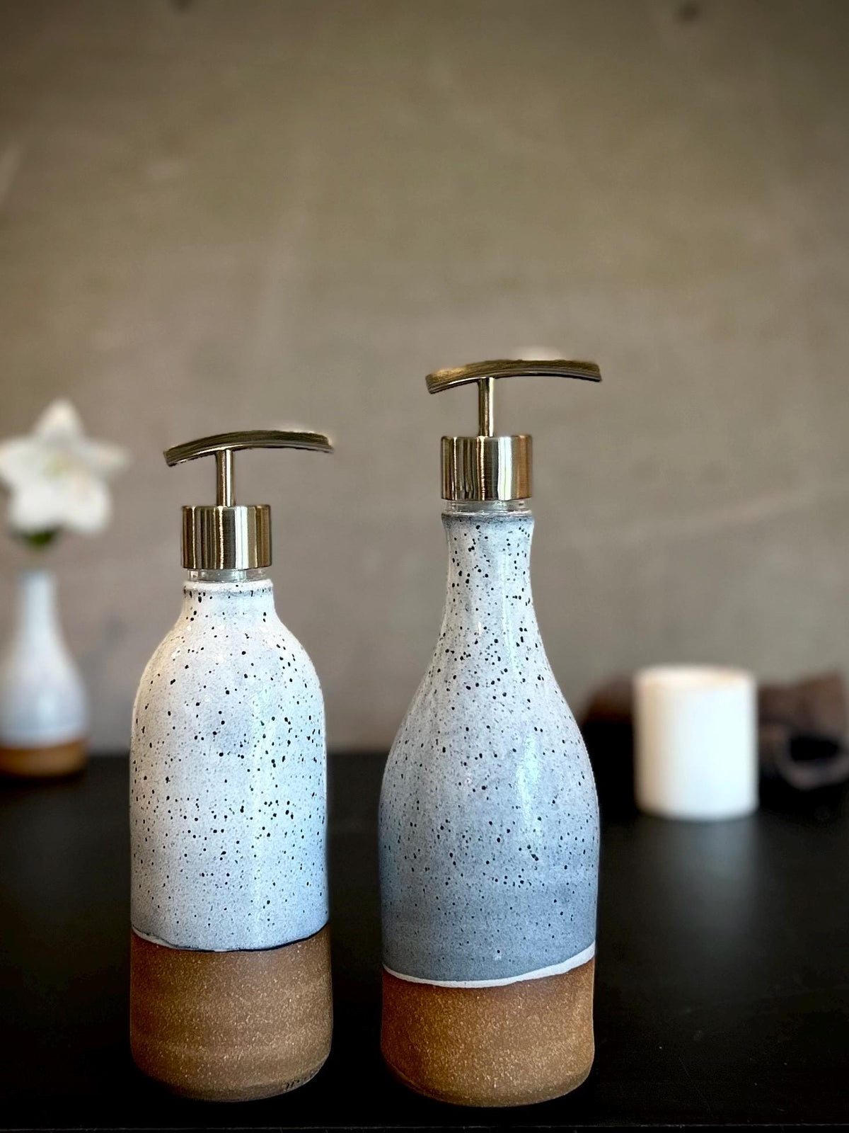Set of 2 Handmade Ceramic Soap Dispensers | Linen Gray Stoneware Pottery Pumps