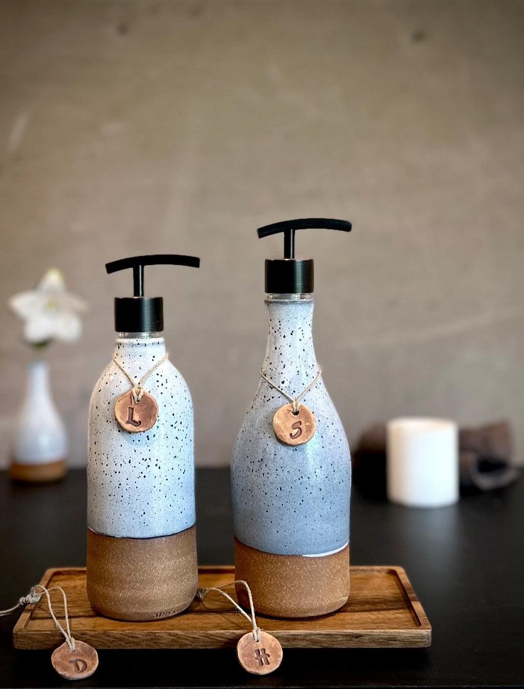 Set of 2 Handmade Ceramic Soap Dispensers | Linen Gray Stoneware Pottery Pumps