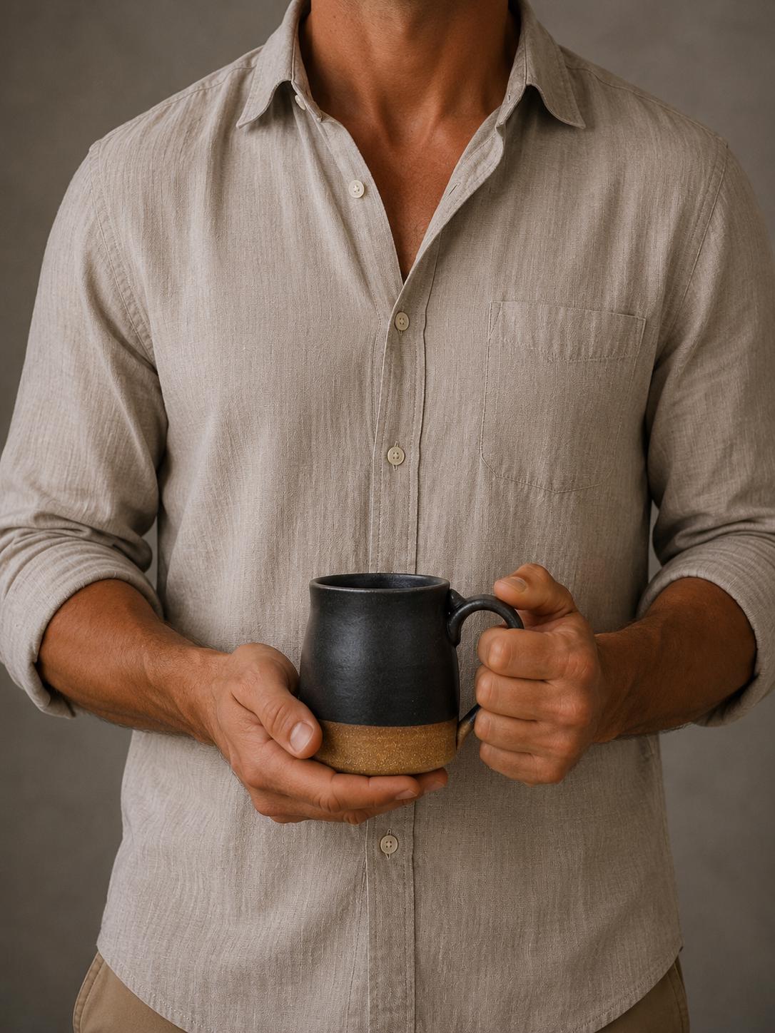Handmade Stoneware Coffee Mug | Matte Blackstone Bell Ceramic Cup Dune Body