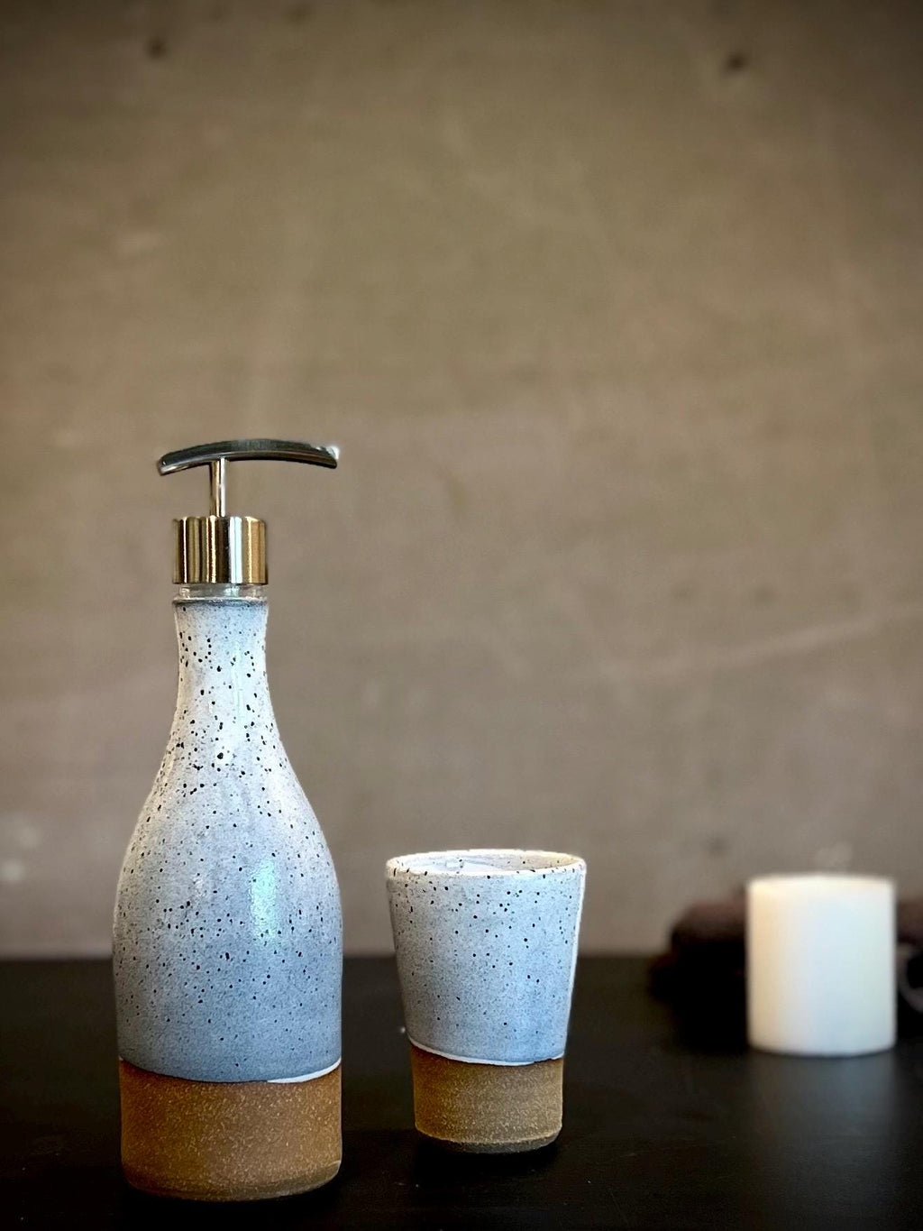 Handmade Ceramic Willow Soap Dispenser | Linen Gray Stoneware Pump | Modern Farmhouse Kitchen Bathroom