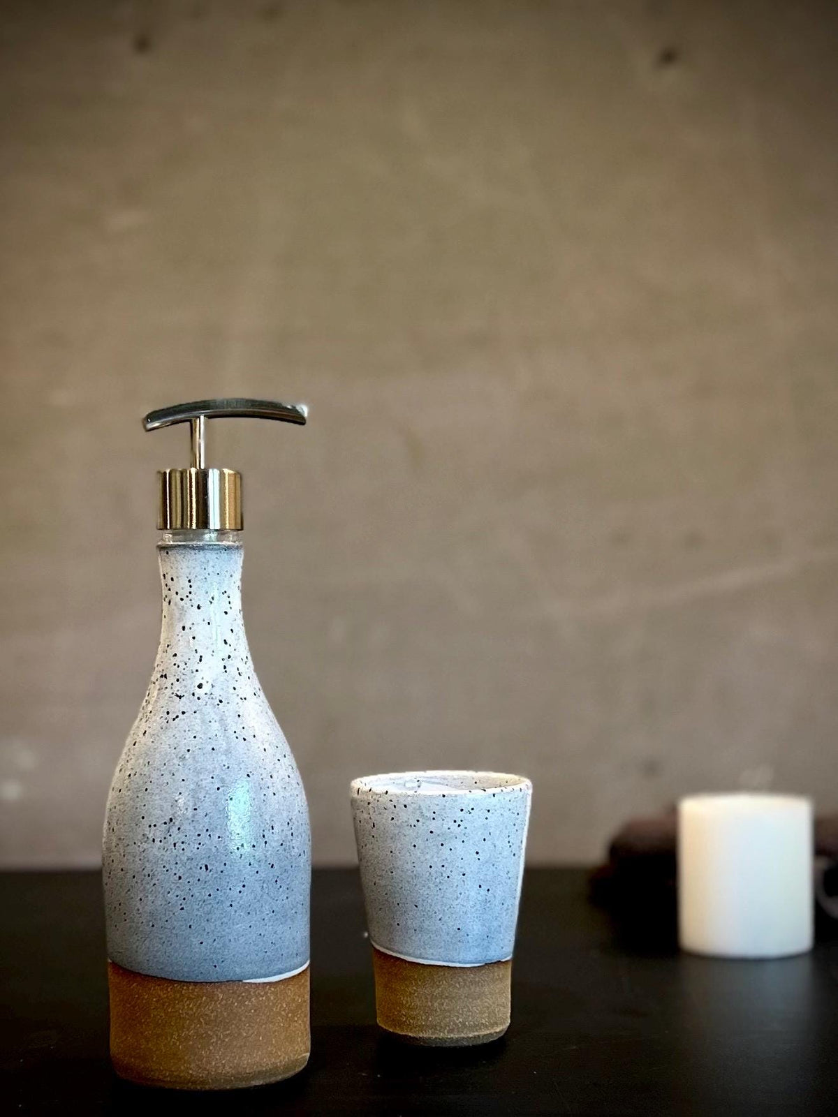 Handmade Ceramic Willow Soap Dispenser | Linen Gray Stoneware Pump | Modern Farmhouse Kitchen Bathroom
