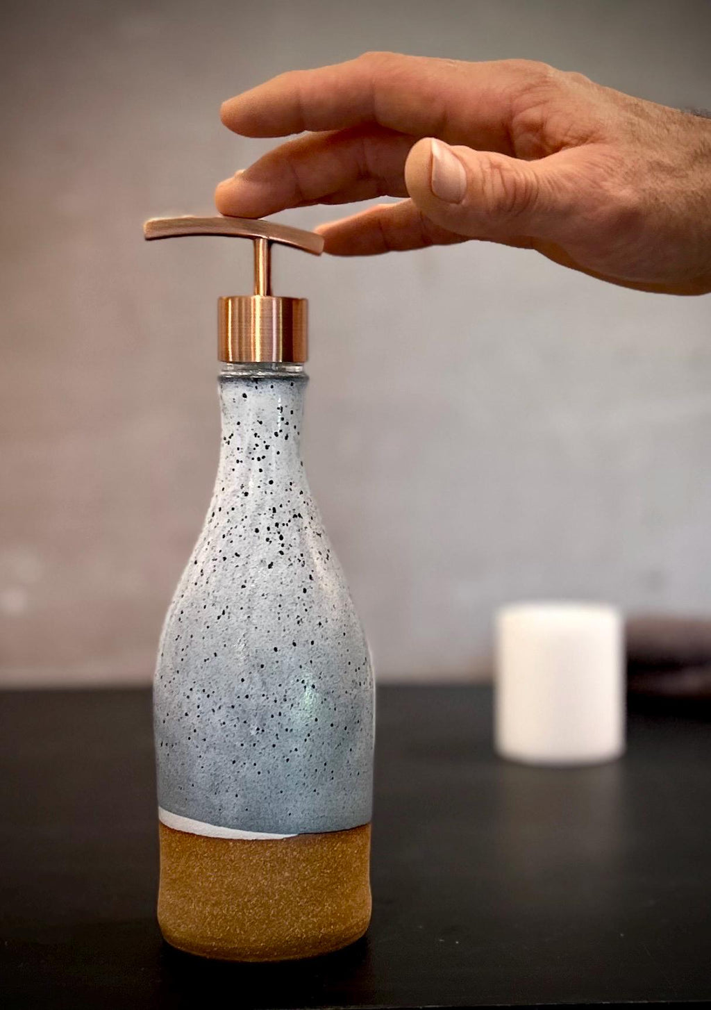 Handmade Ceramic Willow Soap Dispenser | Linen Gray Stoneware Pump | Modern Farmhouse Kitchen Bathroom