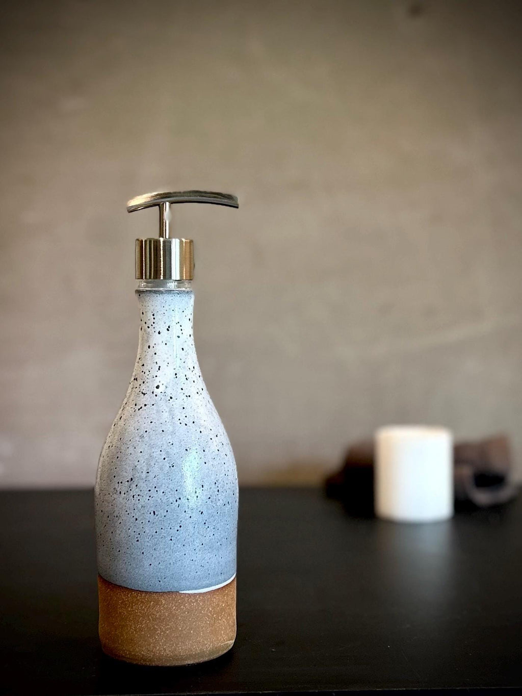 Handmade Ceramic Willow Soap Dispenser | Linen Gray Stoneware Pump | Modern Farmhouse Kitchen Bathroom