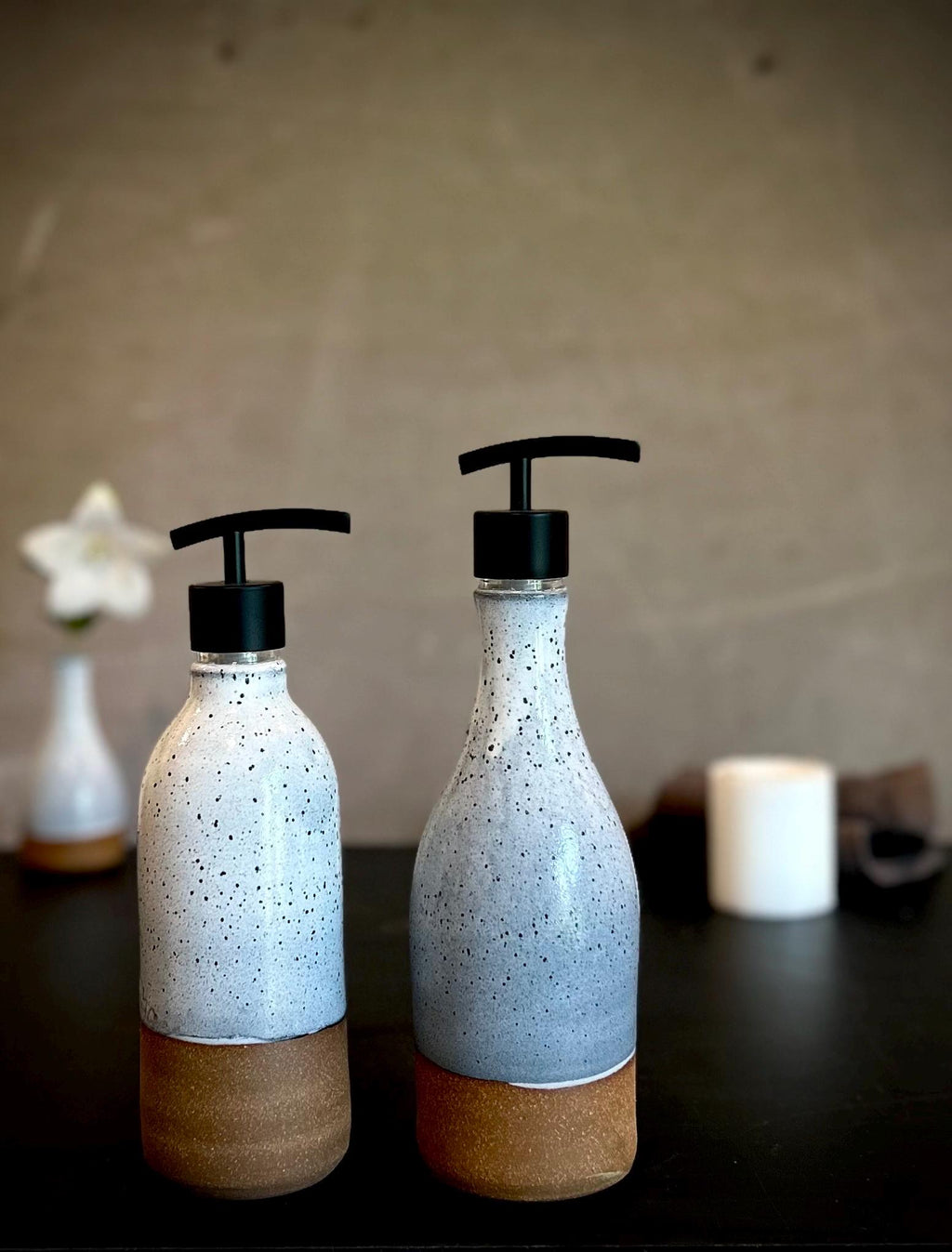 Set of 2 Handmade Ceramic Soap Dispensers | Linen Gray Stoneware Pottery Pumps