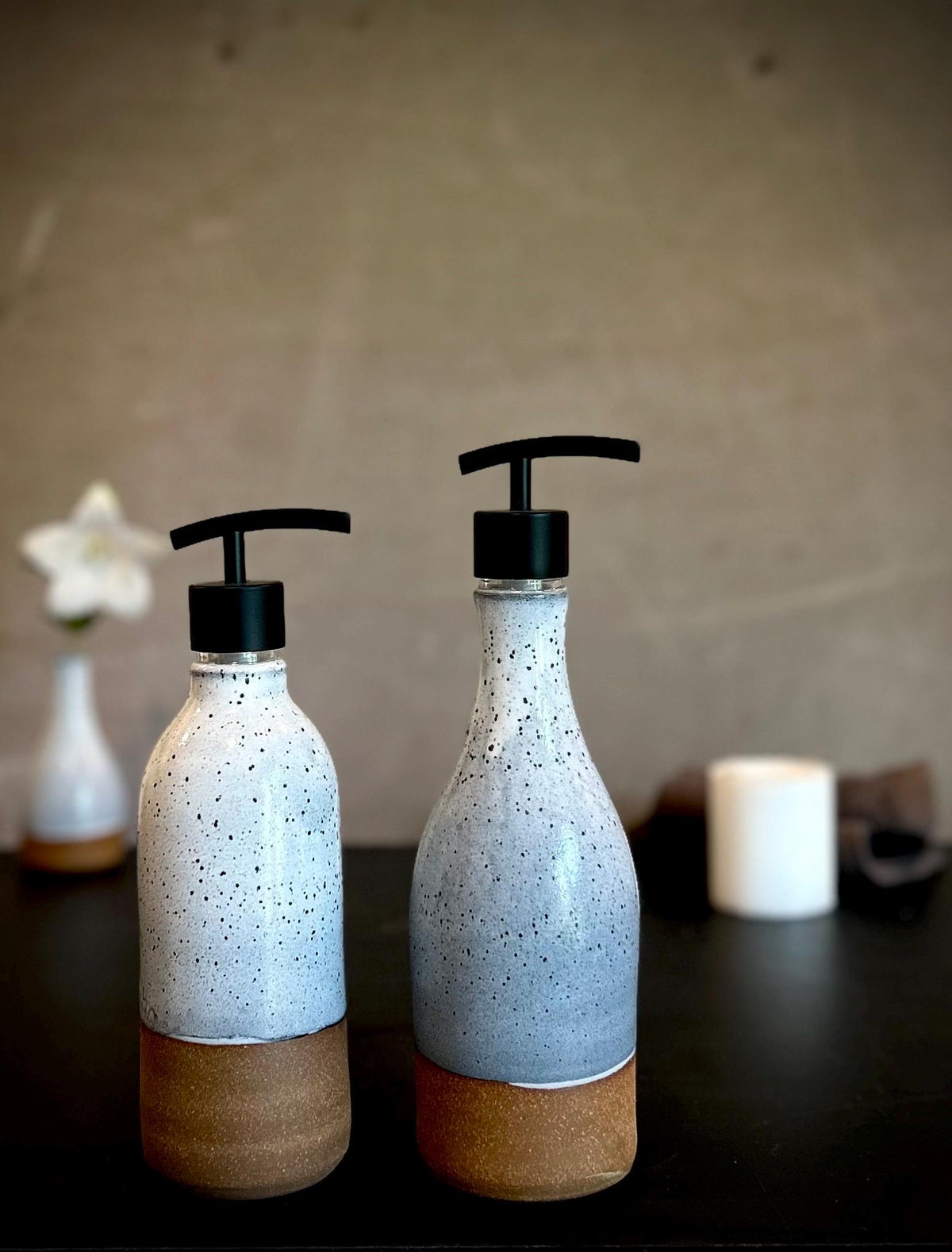 Set of 2 Handmade Ceramic Soap Dispensers | Linen Gray Stoneware Pottery Pumps