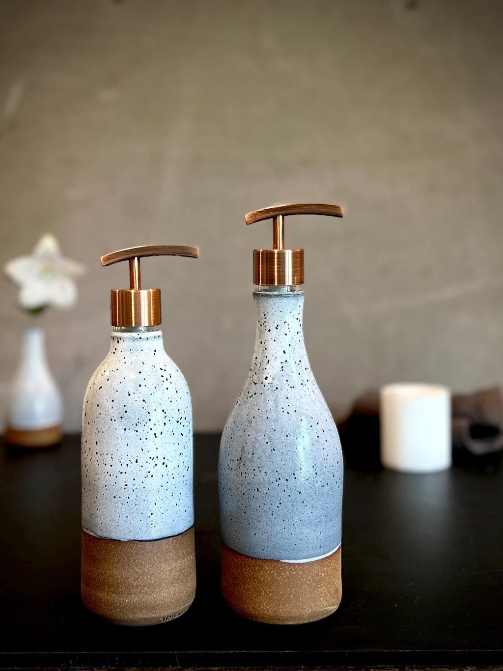 Set of 2 Handmade Ceramic Soap Dispensers | Linen Gray Stoneware Pottery Pumps