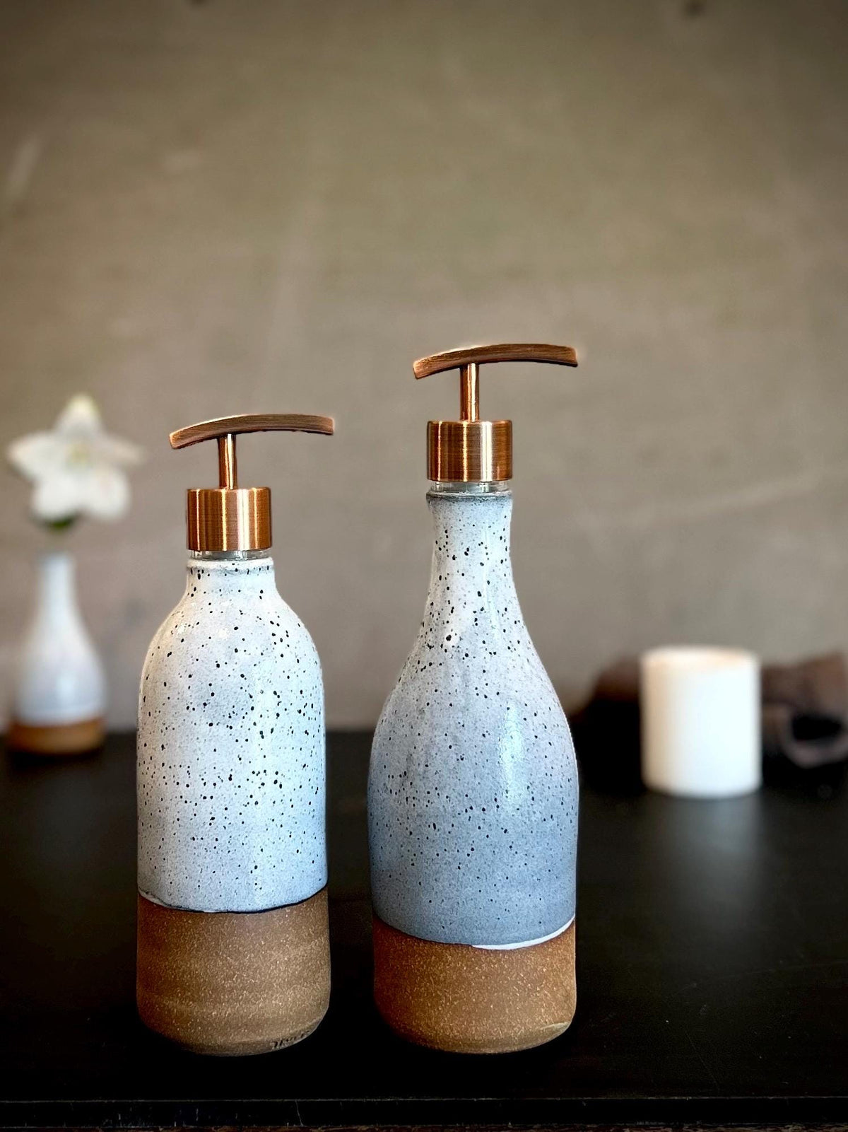 Set of 2 Handmade Ceramic Soap Dispensers | Linen Gray Stoneware Pottery Pumps