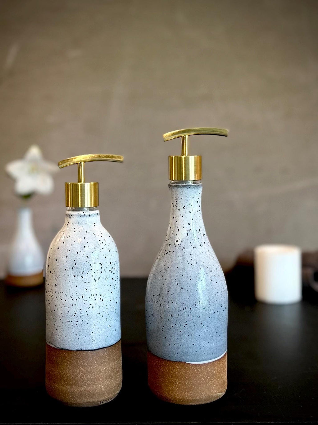 Set of 2 Handmade Ceramic Soap Dispensers | Linen Gray Stoneware Pottery Pumps