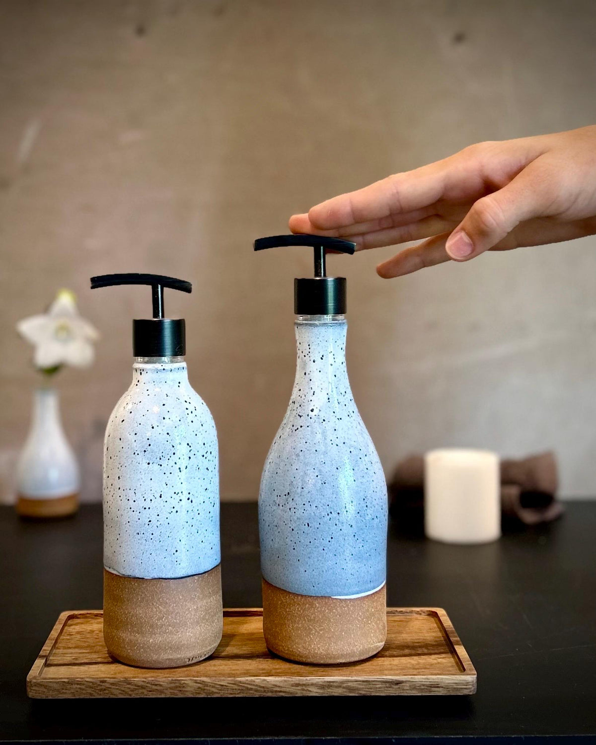 Set of 2 Handmade Ceramic Soap Dispensers | Linen Gray Stoneware Pottery Pumps