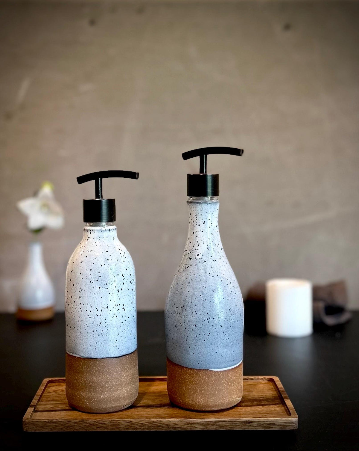 Set of 2 Handmade Ceramic Soap Dispensers | Linen Gray Stoneware Pottery Pumps