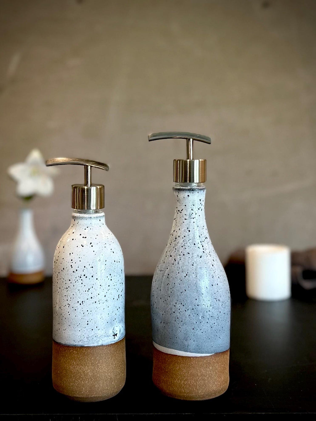 Set of 2 Handmade Ceramic Soap Dispensers | Linen Gray Stoneware Pottery Pumps