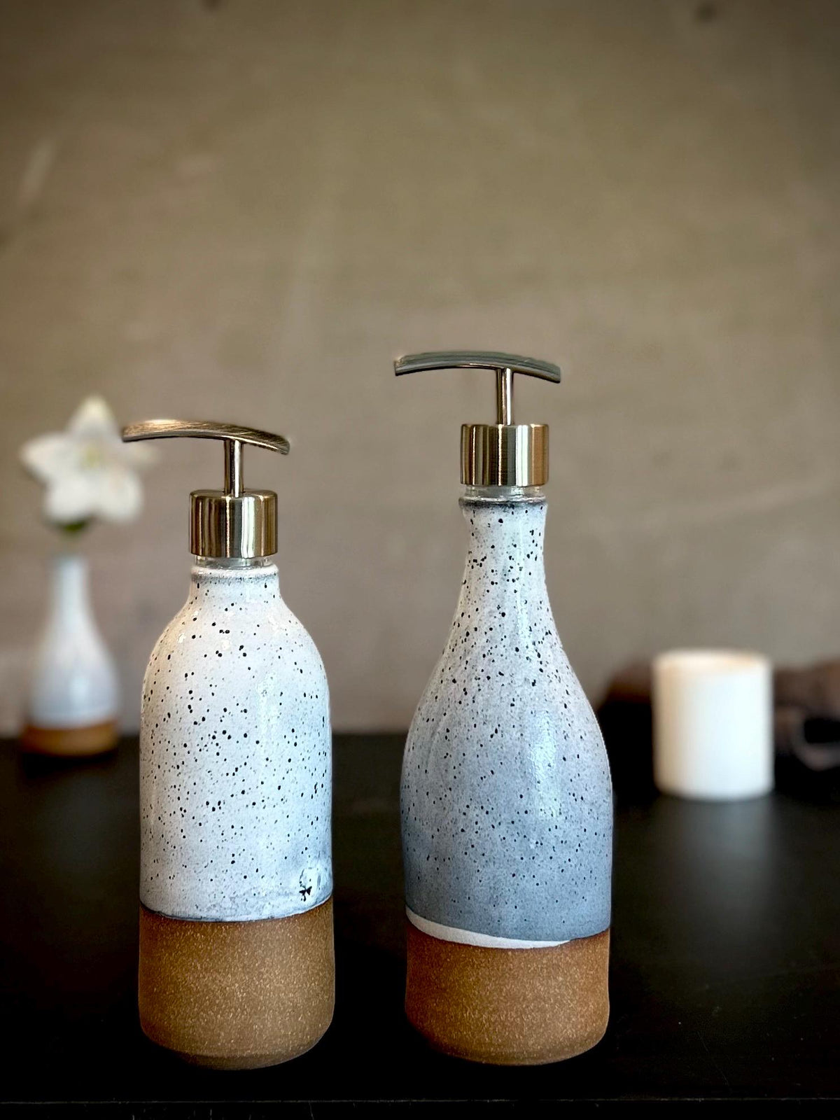Set of 2 Handmade Ceramic Soap Dispensers | Linen Gray Stoneware Pottery Pumps