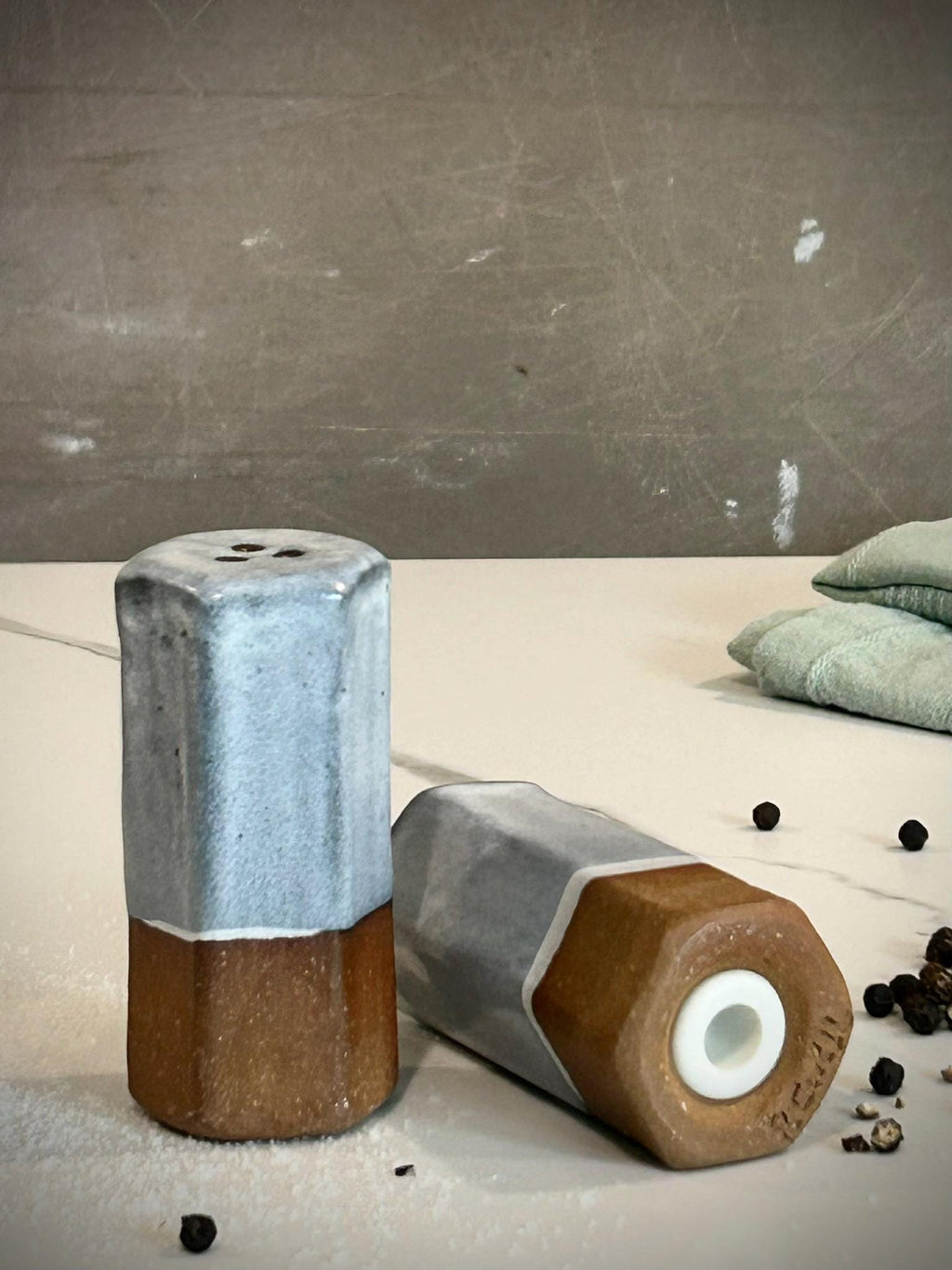 Handmade Stoneware Salt & Pepper Shaker Set | Linen Gray Pottery Kitchen Set Dune