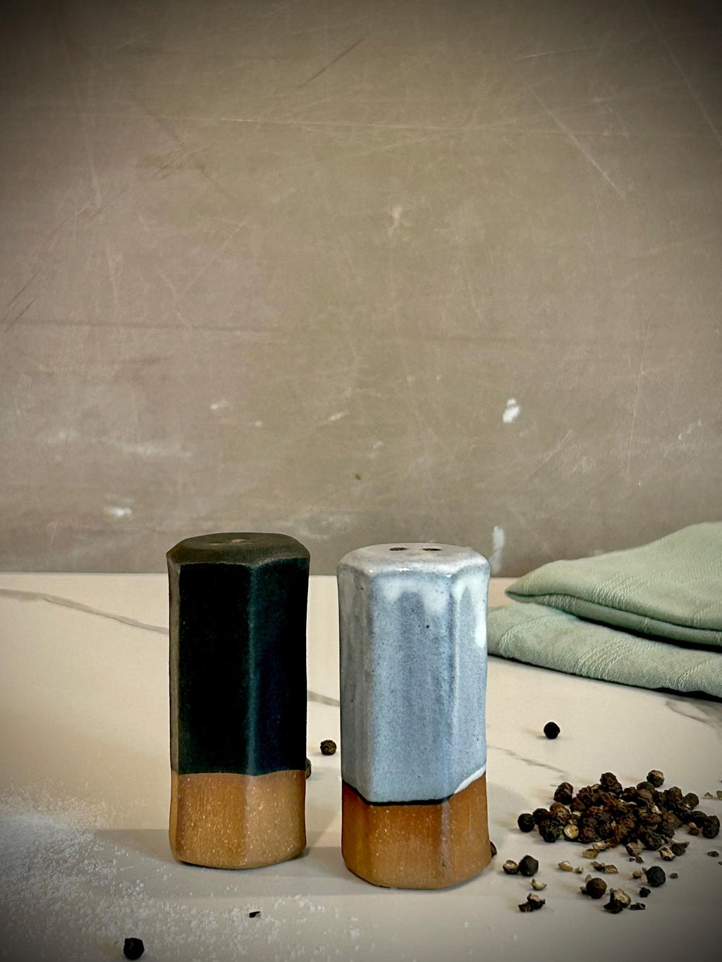 Handmade Stoneware Salt & Pepper Shaker Set | Linen Gray Pottery Kitchen Set Dune