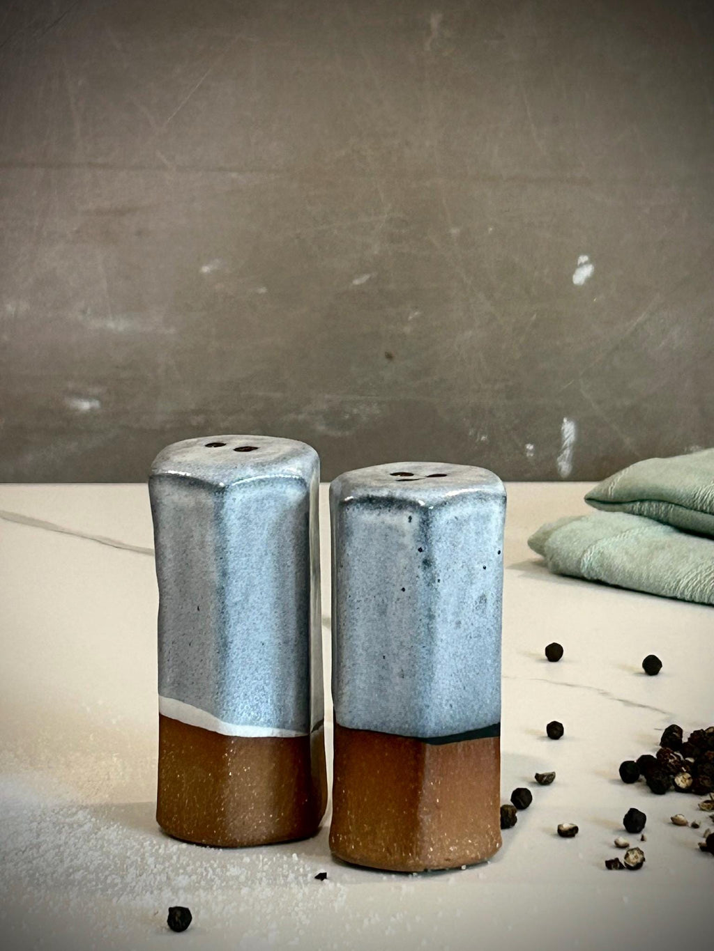 Handmade Stoneware Salt & Pepper Shaker Set | Linen Gray Pottery Kitchen Set Dune