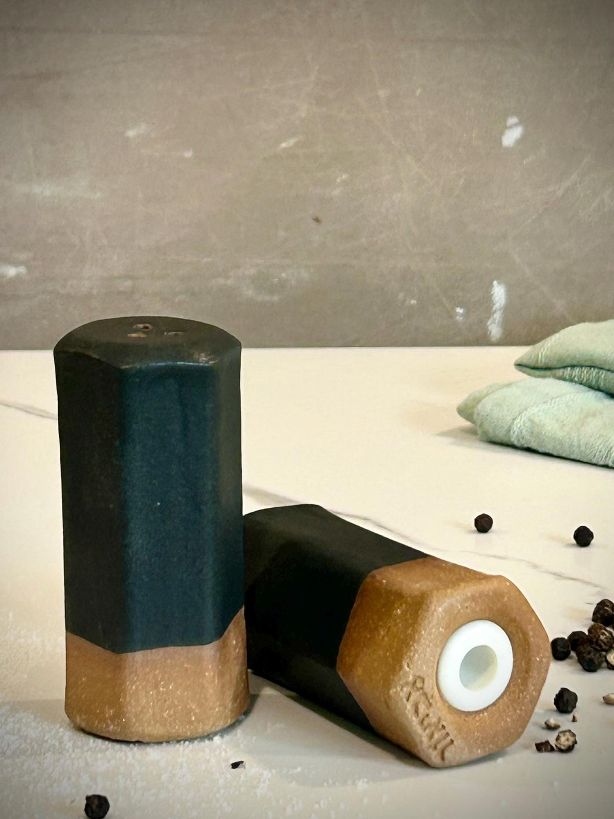 Stoneware pottery Salt and Pepper Shaker set Tourmaline Black Short Dune