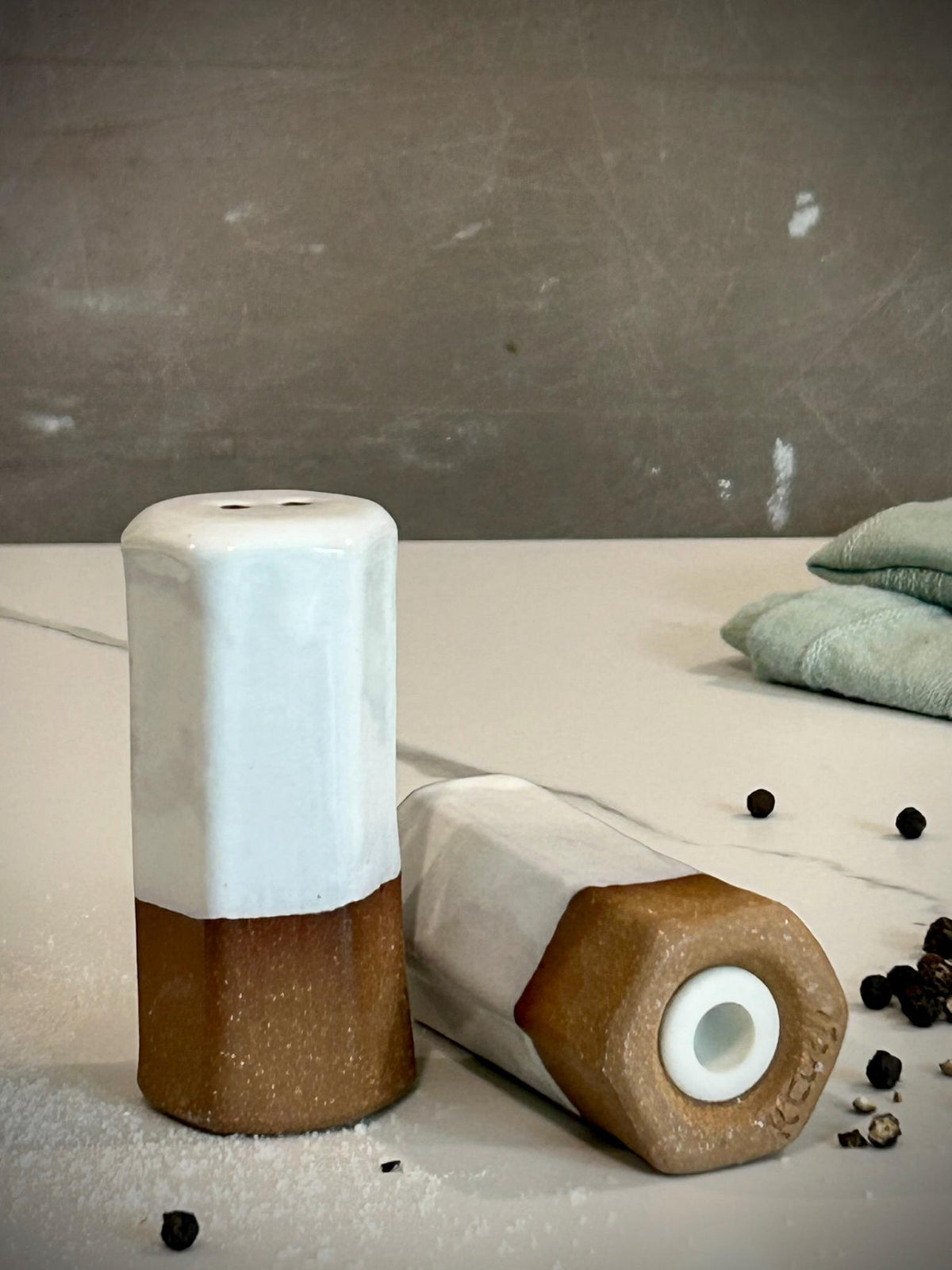 Handmade Ceramic Salt & Pepper Shaker Set | White Dove Stoneware Modern Farmhouse Pottery Dune
