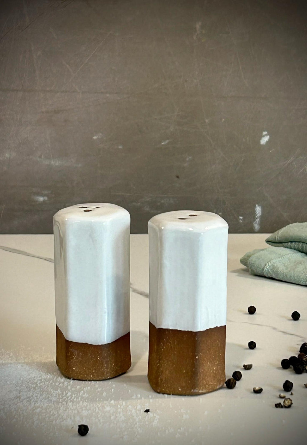 Handmade Ceramic Salt & Pepper Shaker Set | White Dove Stoneware Modern Farmhouse Pottery Dune