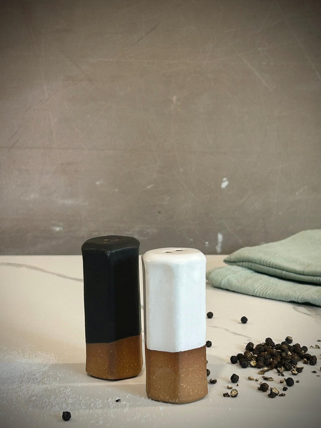 Stoneware pottery Salt and Pepper Shaker set Tourmaline Black Short Dune