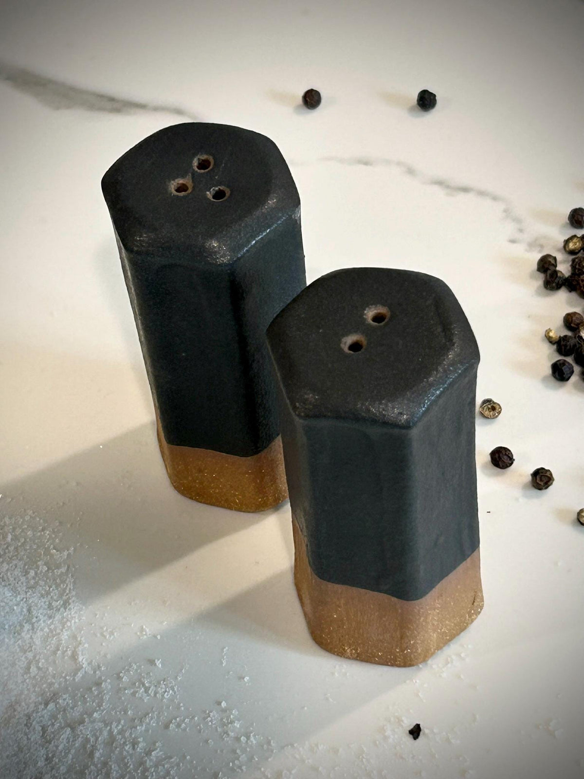Stoneware pottery Salt and Pepper Shaker set Tourmaline Black Short Dune