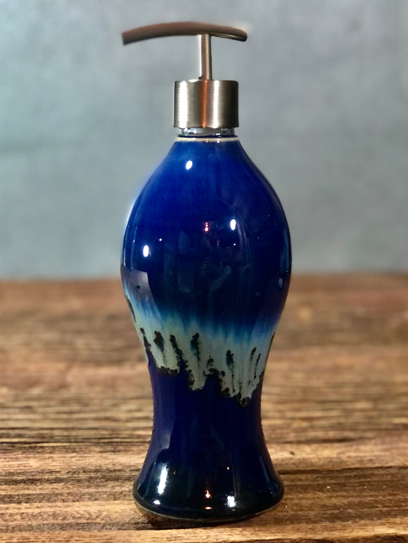 Handthrown Stoneware Soap Lotion Dispenser Pump Snowflake Blue Tall