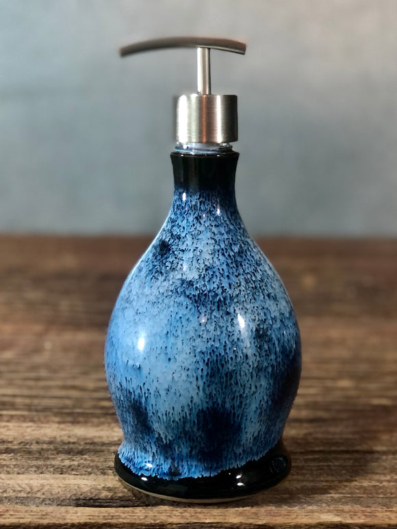 Handthrown Stoneware Soap Lotion Dispenser Pump Midnight Blue Wide