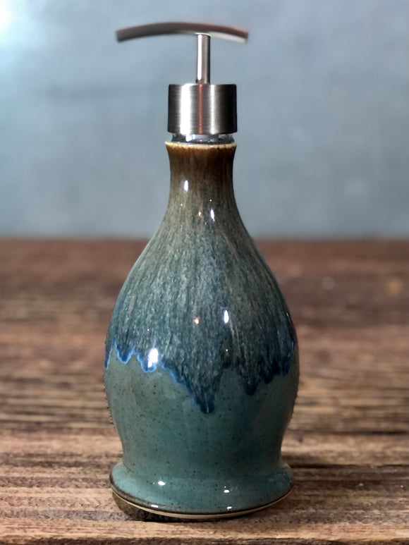 Handthrown Stoneware Soap Lotion Dispenser Pump Volcano Blue Wide