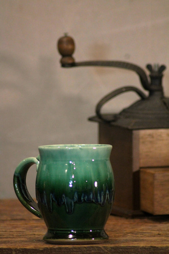 Hand thrown stoneware pottery mug Rainbow Trout green Barrel style