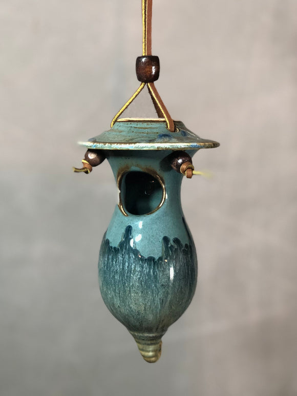 Hand Thrown Stoneware Pottery Mini Bird House Volcano Blue hummingbird finch